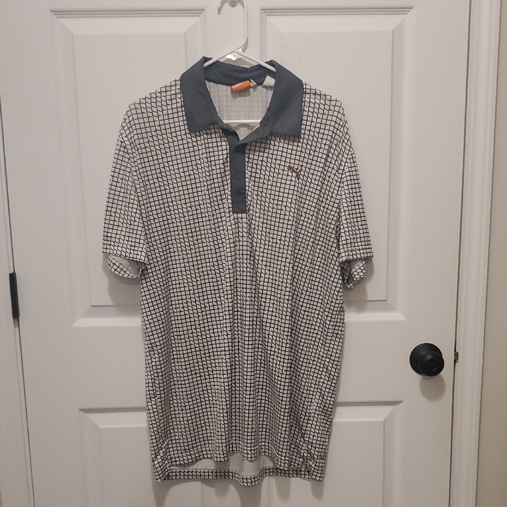 Puma Men's White Polo with Black Grid and Charcoal Collar